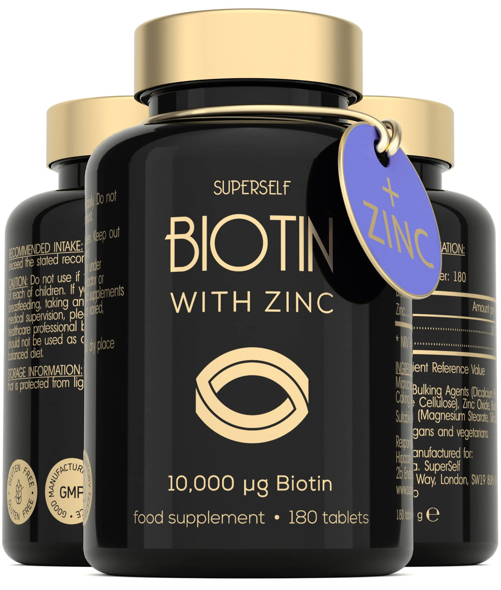 [Australia] - Biotin Hair Growth Tablets - Hair Skin and Nails Vitamins for Women & Men - 180 Biotin Tablets with Zinc 10000 mcg - High Strength Biotin Supplements - UK Made - Superior Absorption 