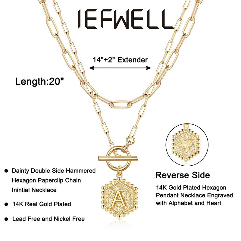 [Australia] - Layered Gold Initial Necklaces for Women, 14K Gold Plated Paperclip Link Chain Necklace Hexagon Letter Pendant Toggle Clasp Layering Necklaces for Women Gold Layered Initial Choker Necklaces for Women A 