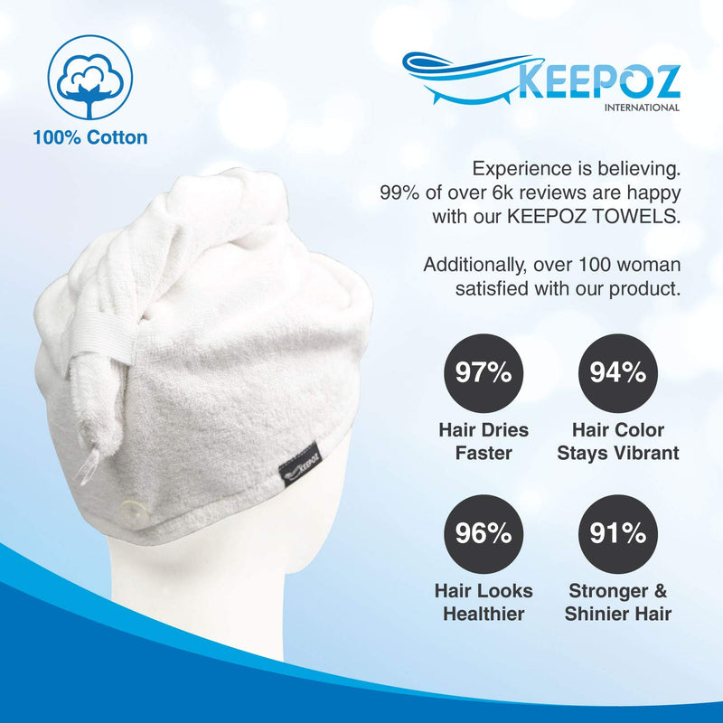 [Australia] - KEEPOZ Hair Towel Wrap Quick Dry 100% Cotton Super Absorbent Turban Head Wrap for Women with Button, Anti Frizz Hair Products, Hair Cap for Curly, Long & Thick Hair (1Pc)(White) White 