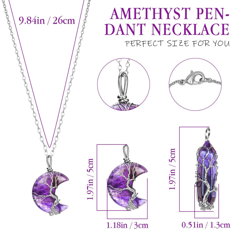 [Australia] - Amethyst Healing Crystal Necklace Silver Wire Wrapped Crescent Moon Pendant & Double Pointed Hexagonal Prime Crystal Quartz Stone Reiki Gemstone Chakra Jewelry for Women Valentine's Day Gift A 