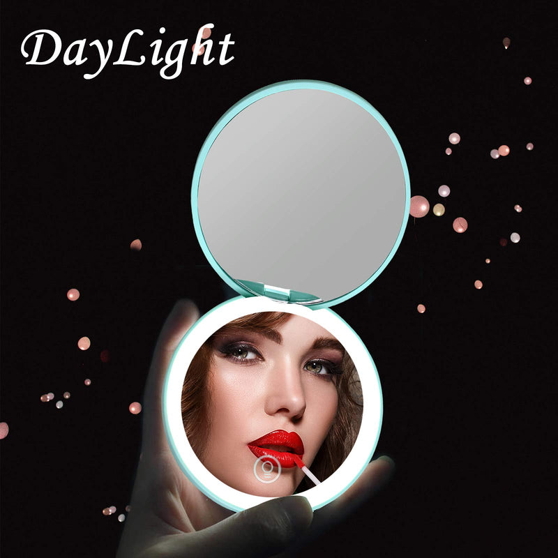 [Australia] - Kintion LED Compact Mirror,Rechargeable Compact Mirror with Light,1x/10x Magnification Dimmable Small Lighted Travel Makeup Mirror for Purse,Pocket,Gift,Touch Switch,Daylight,Portable Folding Handheld Cyan 