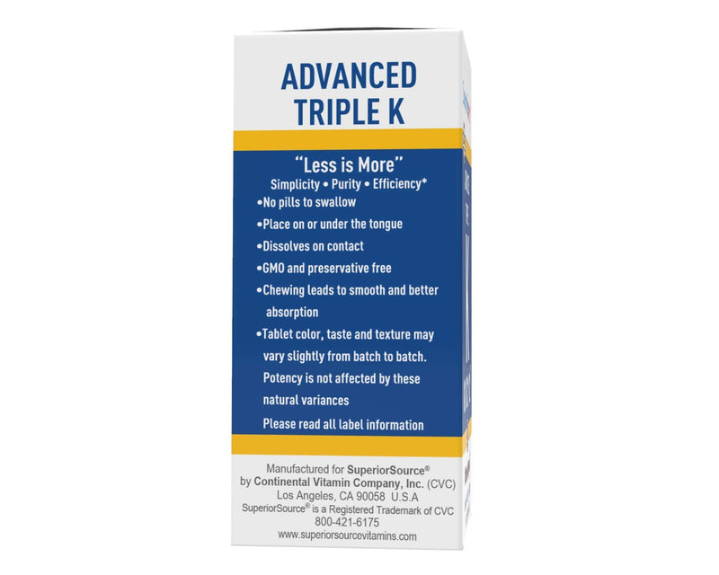 [Australia] - Superior Source Triple K, 3-in-1 Formula, MK-4 500 mcg, MK-7 50 mcg, K1 500 mcg, Quick Dissolve Sublingual Tablets, 30 Count, Healthy Bones and Arteries, Immune & Cardiovascular Support, Non-GMO 