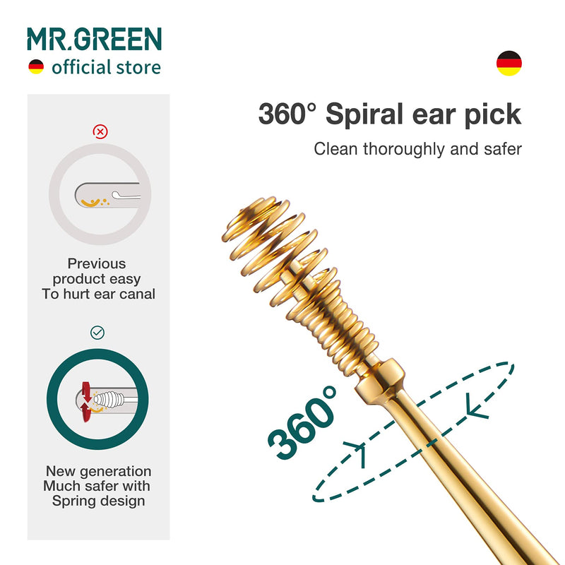 [Australia] - MR.GREEN Ear Wax Removal 360° Spiral Massage Ear Pick Ear Canal Cleaner Stainless Steel Flexible Design Ear Care Tools (Golden) Golden 