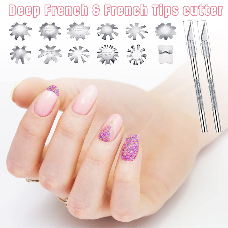 [Australia] - 12 Pieces French Nail Trimmer Smile Line Cutter Edge Manicure Stainless Steel French Tip Cutters DIY Plate Module with 2 Handles French Tip Cutting Knife and 5 Spare Blade for Acrylic Nail (Silver) Silver 