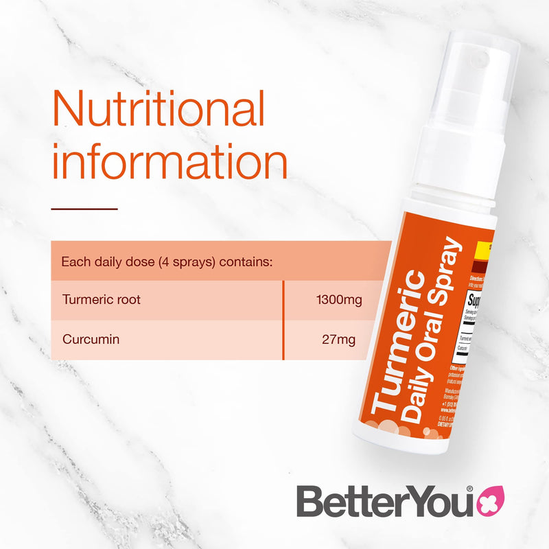 [Australia] - BetterYou Turmeric Daily Oral Spray | Vegan Turmeric Curcumin Supplement | 1,300 mg Equivalent Turmeric Root Per Dose | 25ml | 32 Daily Doses | Natural Orange Flavour 