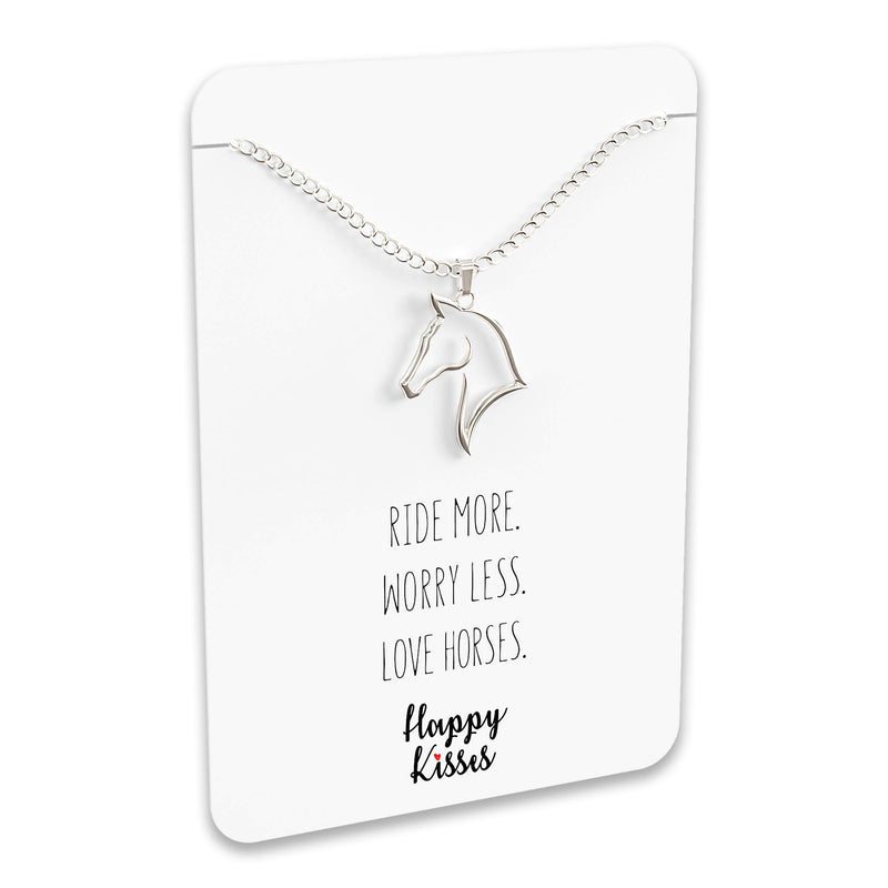[Australia] - Happy Kisses Horse Necklace – Horse Gift for Horseback Riders – Cute Outline Pendant for Women & Girls - Sweet Message Card Silver 