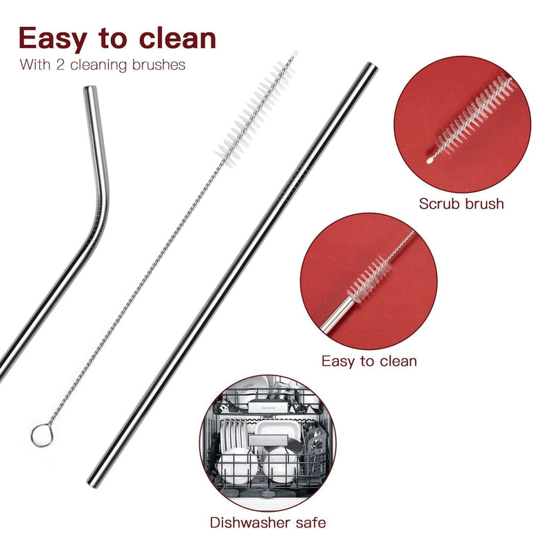 [Australia] - Vinsani 8.5" Silver Stainless Steel Drinking Straws, Reusable Metal Drinking Straws Set of 8 with 2 Cleaning Brush for Smoothie, Milkshake, Cocktail and Hot Drinks 