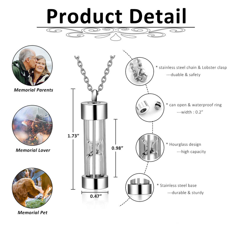 [Australia] - Zysta Glass Hourglass Ashes Keepsake Necklace Personalized Cylinder Tube Pendant Necklaces for Men Women Customized Engraved Quicksand Memorial Urns Cremation Locket Sealed Sand Ash Urn Container Silver non-engraving 