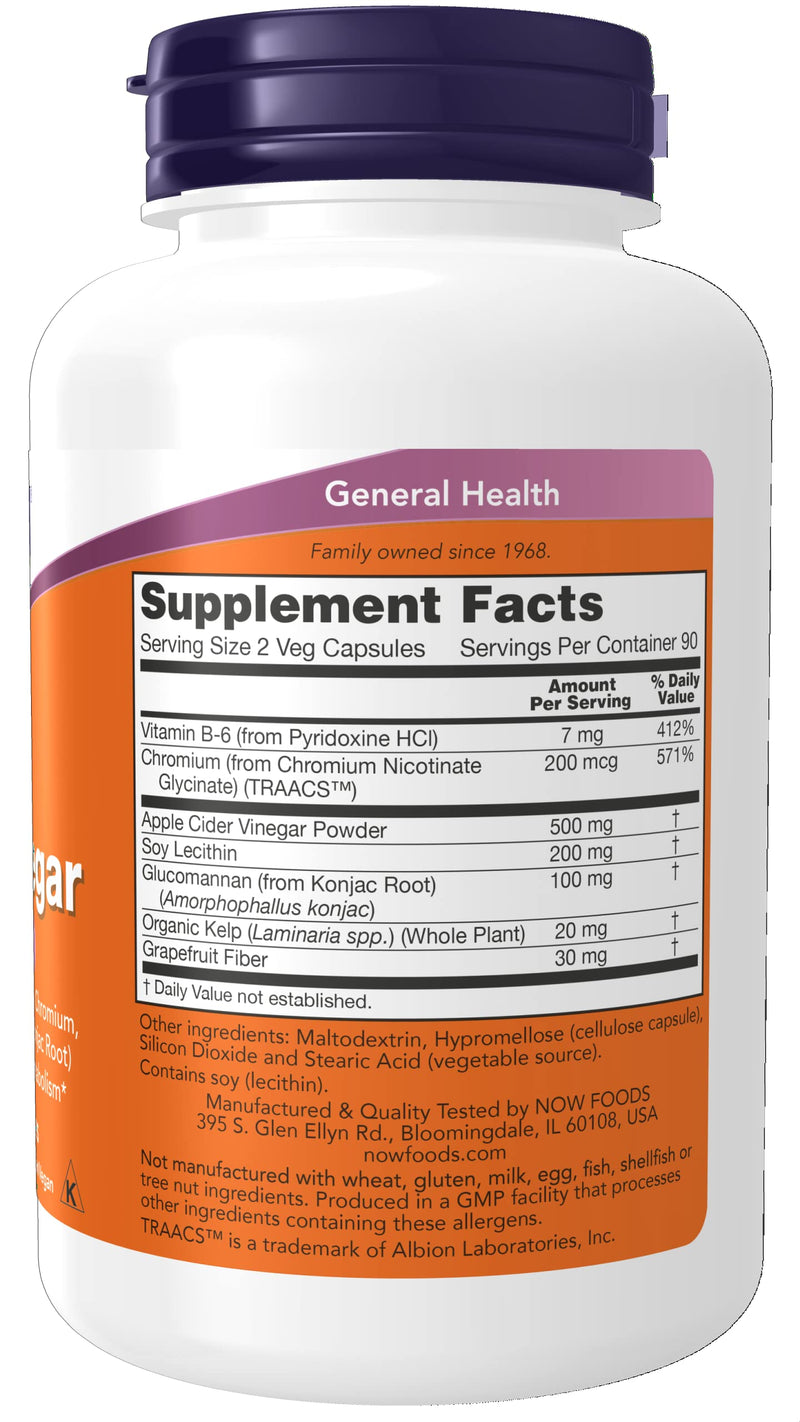 [Australia] - NOW Supplements, Cider Vinegar, with Grapefruit, Lecithin, B-6, Chromium, Kelp & Glucomannan (from Konjac Root), 180 Veg Capsules 