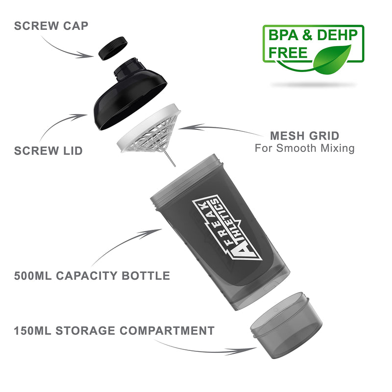 [Australia] - Shaker Bottle with Storage - 500ml Protein Shaker (Black Transparent) Black 