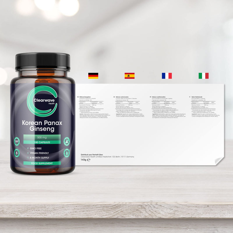 [Australia] - Panax Ginseng - 180 High Strength Capsules - 6 Month Supply - 500mg per 1 Capsule Serving, 10:1 Extract - 10% Ginsenosides - AKA Korean Ginseng - by Clearwave Health 
