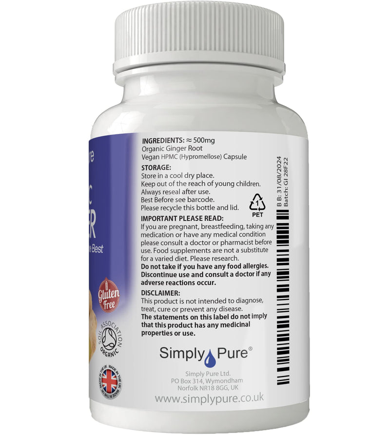 [Australia] - Simply Pure Organic Ginger Capsules x 90, 500mg, 100% Natural Soil Association Certified, Gluten Free, GM Free and Vegan. 