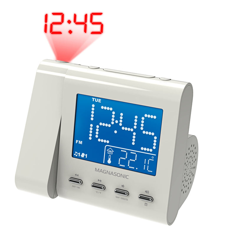 [Australia] - Magnasonic Projection Alarm Clock with AM/FM Radio, Battery Backup, Auto Time Set, Dual Alarm, Nap/Sleep Timer, Indoor Temperature/ Date Display with Dimming & 3.5mm Audio Input - White (EAAC601W) White Body 