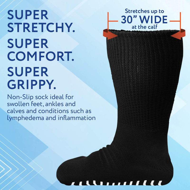 [Australia] - 2 Pairs of Super Wide Socks With Non-Skid Grips for Lymphedema - Bariatric Sock - Oversized anti-slip Sock Stretches up to 30'' Over Calf for Swollen Feet and Mens and Womens Legs - One Size Unisex 