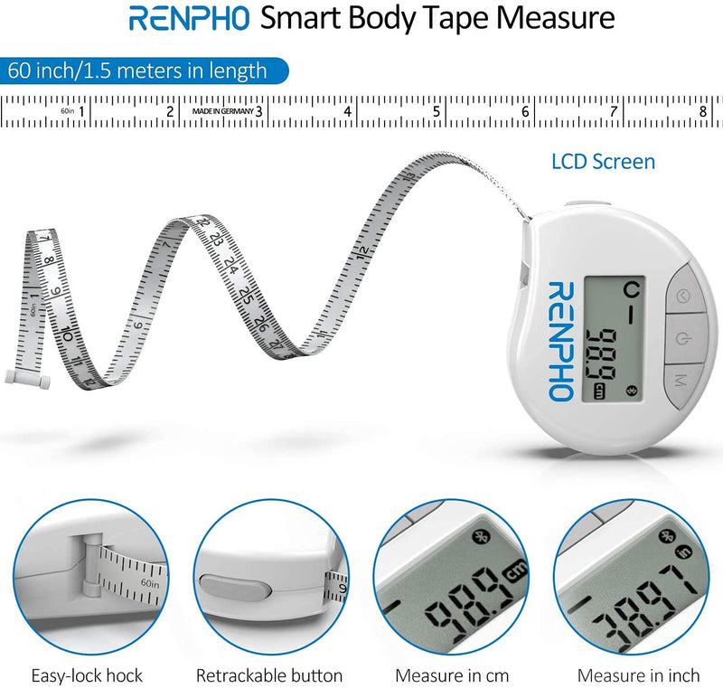 [Australia] - Body Tape Measure with Smart App, RENPHO Bluetooth Measuring Tapes for Body Measuring, Weight Loss, Muscle Gain, Fitness Bodybuilding, Retractable, Body Part Circumferences Measurements 