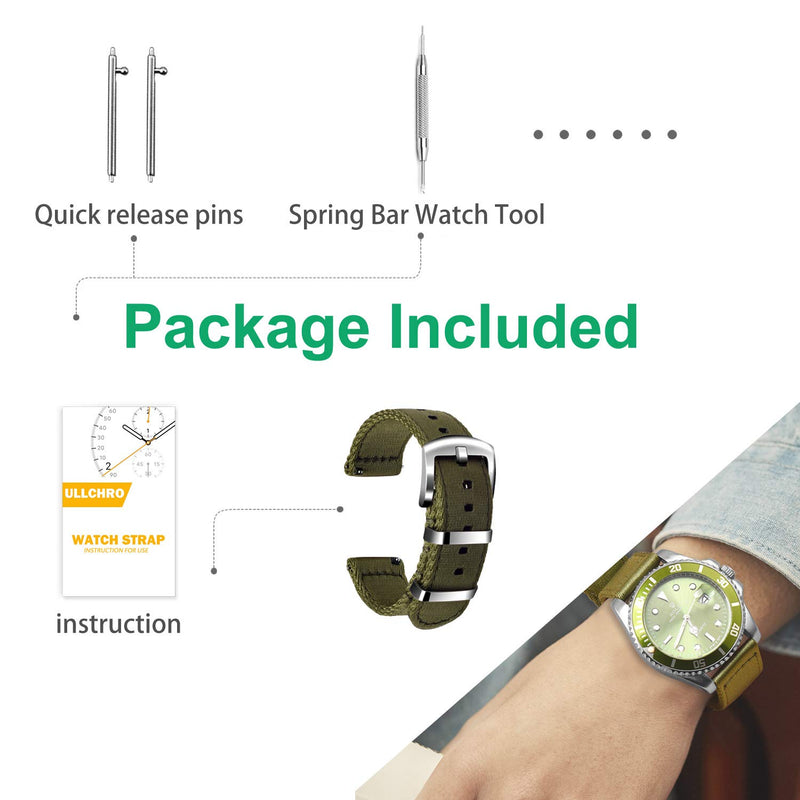 [Australia] - Ullchro Nylon Watch Strap Replacement Canvas Watch Band Military Army Men Women - 18mm, 20mm, 22mm, 24mm Watch Bracelet with Stainless Steel Silver Buckle Army Green 