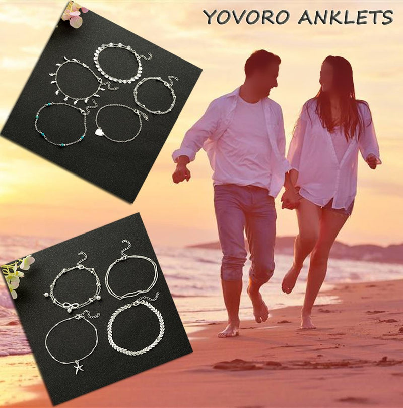 [Australia] - YOVORO 9PCS Charm Anklets for Women Girls Bracelets Beach Anklets Foot Jewelry Adjustable B: 9 pcs silver-tone 