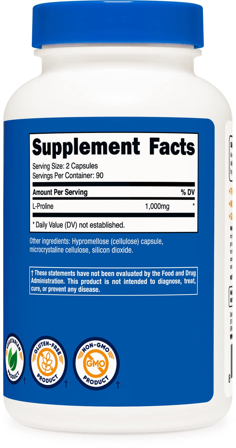 [Australia] - Nutricost L-Proline 1000mg, 180 Capsules (90 Servings) - 500mg Per Cap, Non-GMO, Gluten Free 