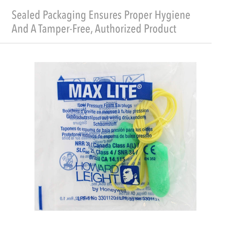 [Australia] - Howard Leight by Honeywell Max Lite Low Pressure Corded Disposable Foam Earplugs, 100 Pairs (LPF-30) , Green 