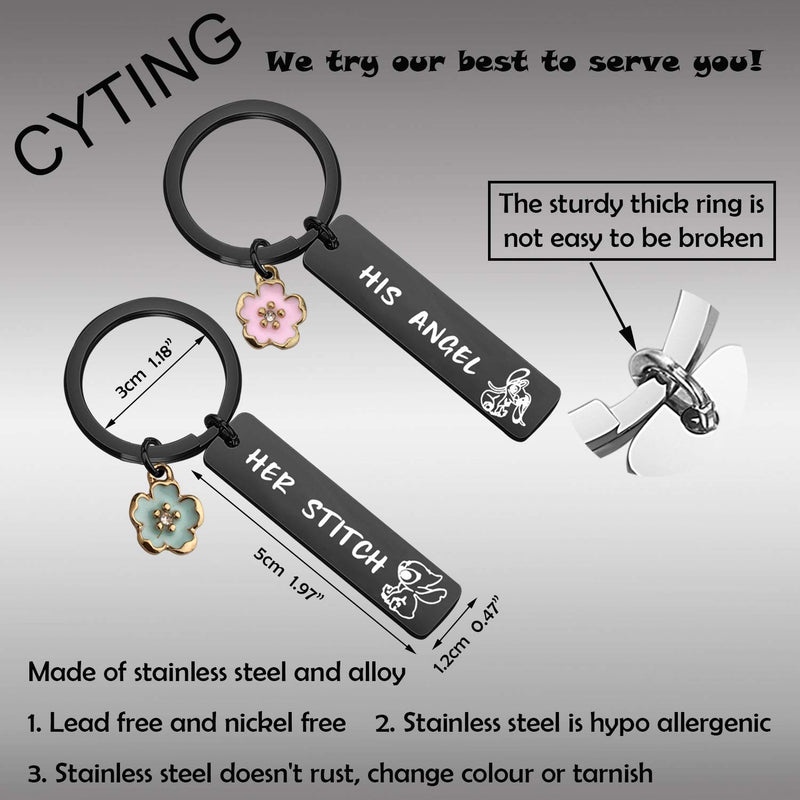 [Australia] - CYTING Her Stitch His Angel Keychain Set With Hibiscus Flower Charm Hawaiian Jewelry Gift For Couples Family Best Friends Her Stitch His Angel-black 