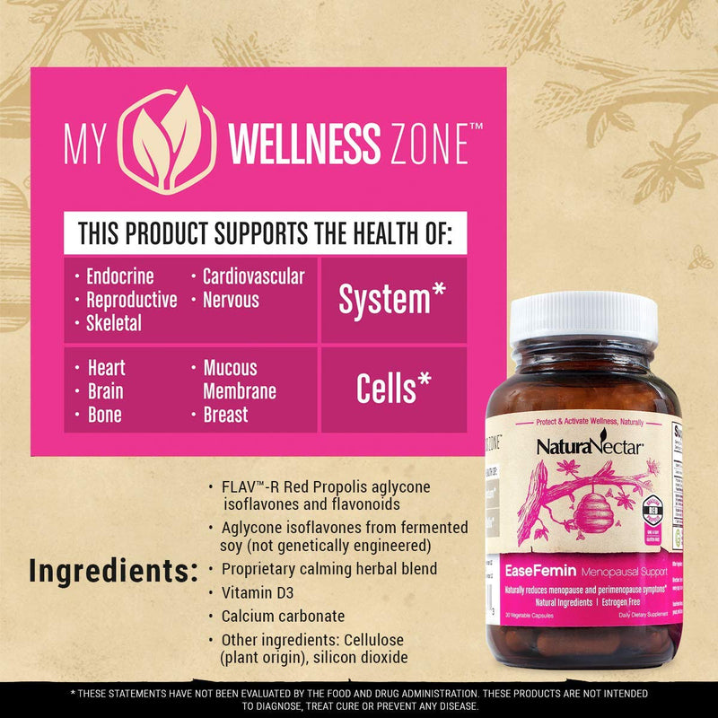 [Australia] - NaturaNectar EaseFemin Menopause Supplements for Women - 30 Count - Bee Propolis Menopausal Support Capsules For Hot Flashes and Night Sweats with Proprietary Calming Herbal Blend for a Better Night o 