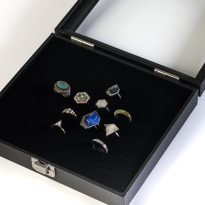 [Australia] - Huji Glass Top Ring Display Showcase with Velvet Insert Liner Jewelry Organizer (1 Pack, 36 Slot Case) 1 