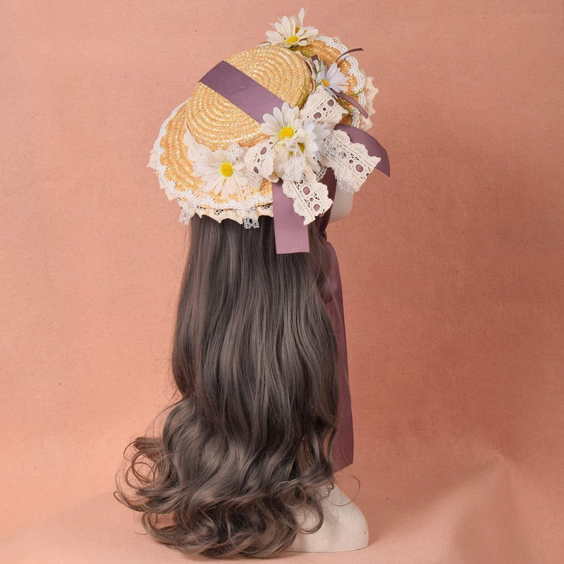 [Australia] - Girls Women Tea Party Sun Hat Lolita Lace Ribbons Straw Hats (Purple) (Light green) Purple 