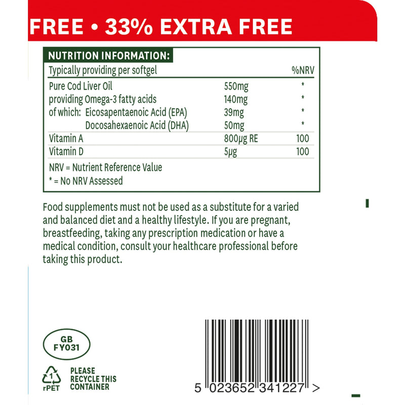 [Australia] - Natures Aid Cod Liver Oil 550 mg 120 Softgel Capsules (Providing 120 mg Omega-3, with Vitamins A and D, For The Normal Function of the Immune System, Purity Guaranteed, Made in the UK) 