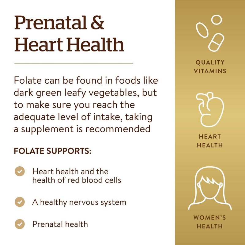 [Australia] - Solgar Folate 1,333 MCG Dietary Folate Equivalent (800 mcg Folic Acid), 250 Tablets - Heart Health, Healthy Nervous System, Prenatal Support - Non-GMO, Vegan, Gluten Free, Dairy Free - 250 Servings 250 Count (Pack of 1) 