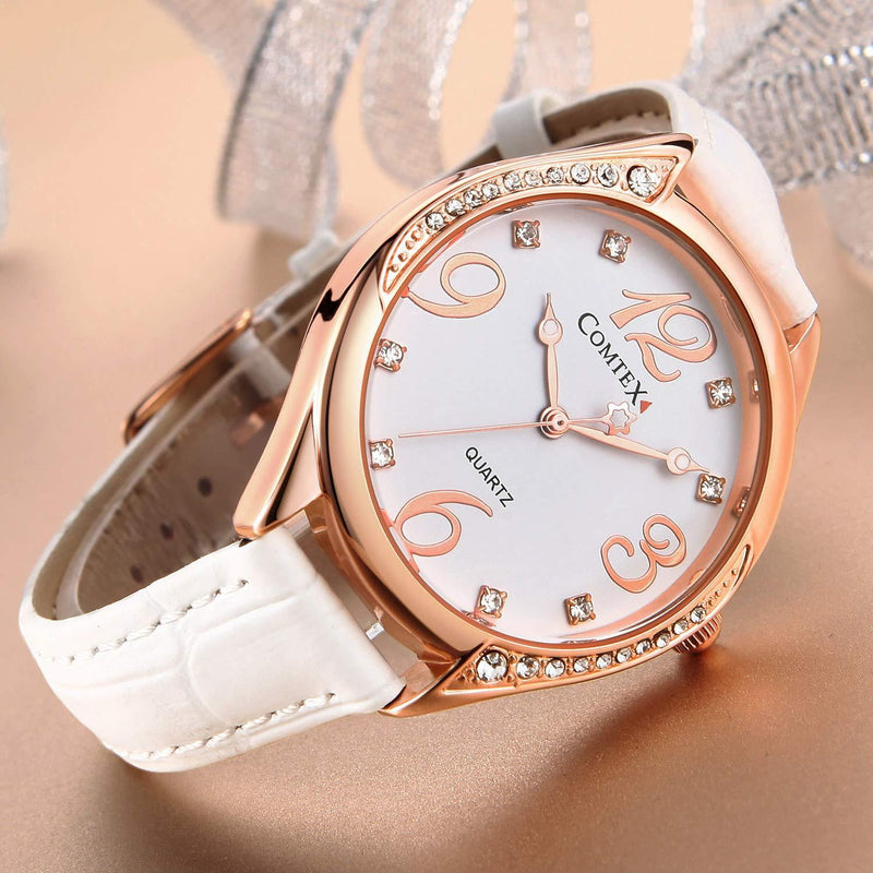 [Australia] - Ladies Watch White Large Dial Face Crystal Diamante White Leather Strap Watch (Rose Gold) 