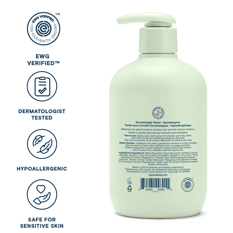 [Australia] - Pipette Baby Shampoo and Body Wash - Fragrance Free, Tear-Free Bath Time, Hypoallergenic, Moisturizing Plant-Derived Squalane, New Formula, 11.8 fl oz Unscented 