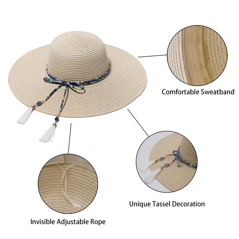[Australia] - Women Bowknot Straw Hat Large Floppy Wide-Brim Foldable Hat Beach Hat Sun Hat Summer for Outdoor Sun Protection UPF 50+ Beige 