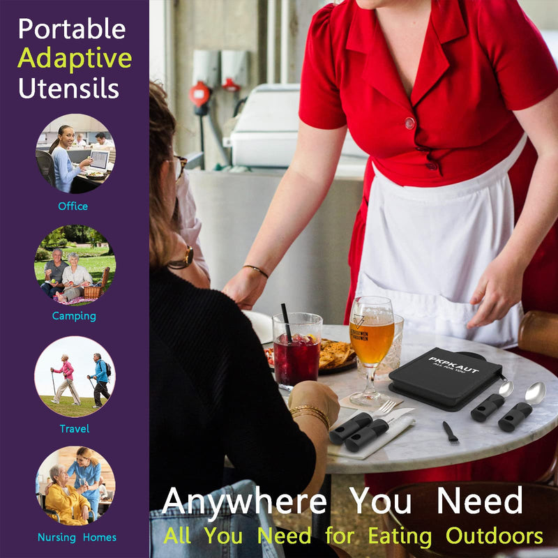 [Australia] - PKPKAUT Medium Weighted Utensils for Hand Tremors Silverware Set, Adaptive Utensils for Parkinsons Patients Arthritic Hands, Built Up Handicap Parkinsons Utensils for Adults Elderly Disabled People 4-Pcs Tote Bag 