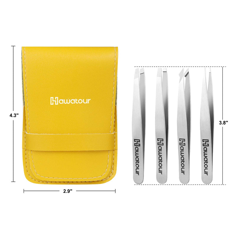[Australia] - Tweezers Set, 4Pcs Eyebrows Tweezers and a Pair of Scissor with Leather Case, Great Precision for Eyebrow, Ingrown Hair, Splinter, Facial Hair Removal By HAWATOUR - Silver 