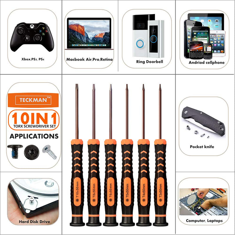 [Australia] - TECKMAN 10 in 1 Torx Screwdriver Set with T3 T4 T5 T6 T8 T10 Security Torx Bit & ESD Tweezers,Magnetic Screwdrivers Precision Repair Kit for Xbox,PS4,Macbook,Computer,Doorbell & Folding knife 