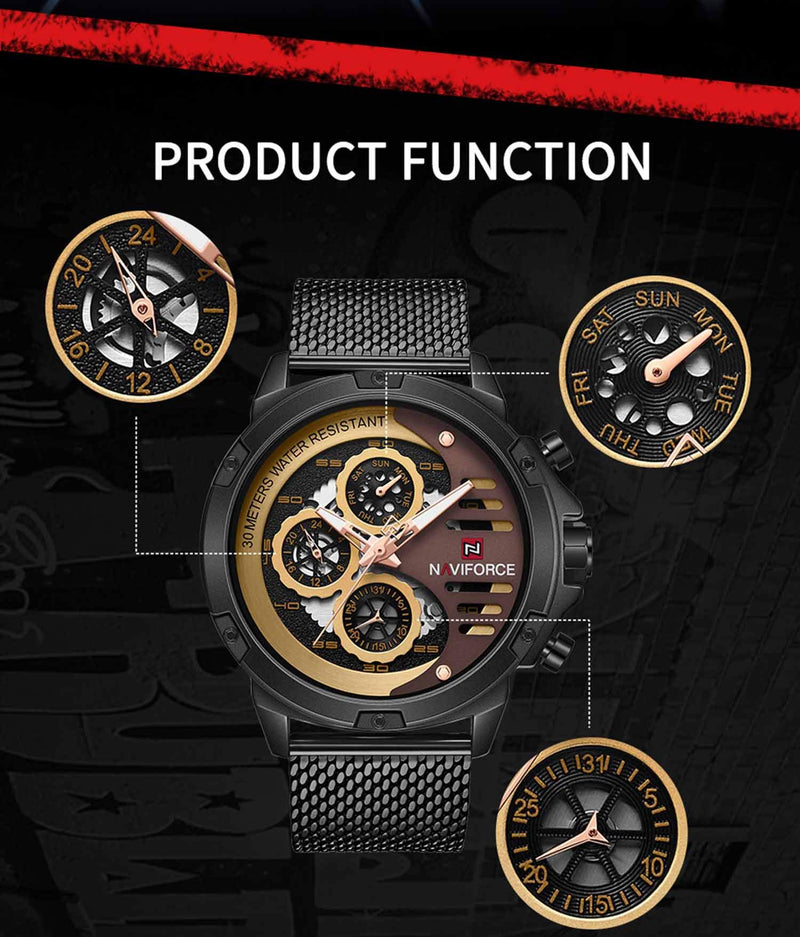 [Australia] - Sport Military Watches for Men Waterproof Watch Analog Quartz Leather Band Date Calendar Clock Wristwatch Black-Rose Gold-Black 