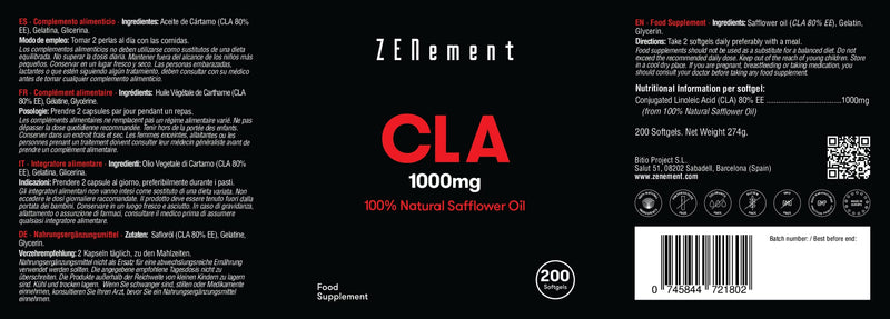 [Australia] - Zenement | CLA 1000mg, 100% Natural Safflower Oil, 200 Softgels | Gluten Free, Non-GMO 