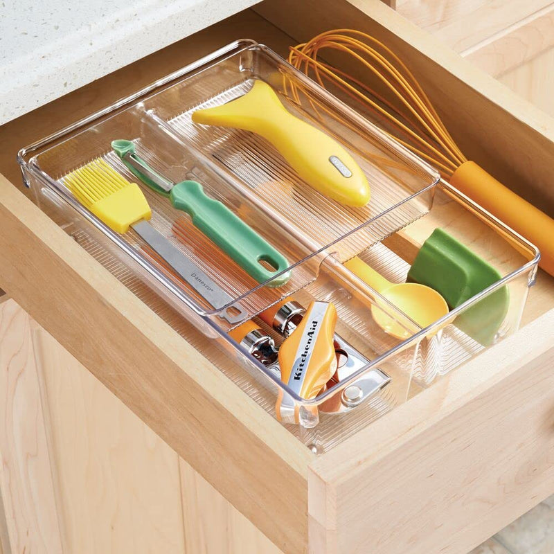 [Australia] - mDesign 2-Piece Kitchen Drawer Organiser for Kitchen Utensils and Tools - Cutlery Tray and Kitchen Utensil Holder - 2 Sliding Trays with 2 Compartments Each - Clear 