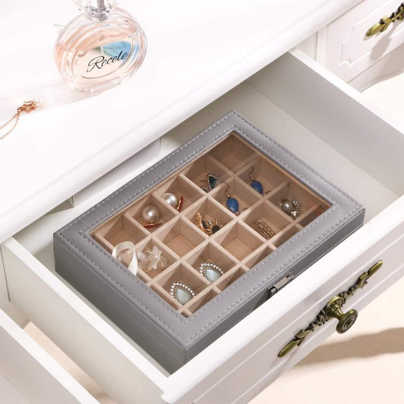 [Australia] - BEWISHOME Jewelry Box 24 Slots Earring Organizer Holder for Girls Women Earring Jewelry Display Storage Case with Metal Buckle Clear Glass Lid Grey SSH17H 