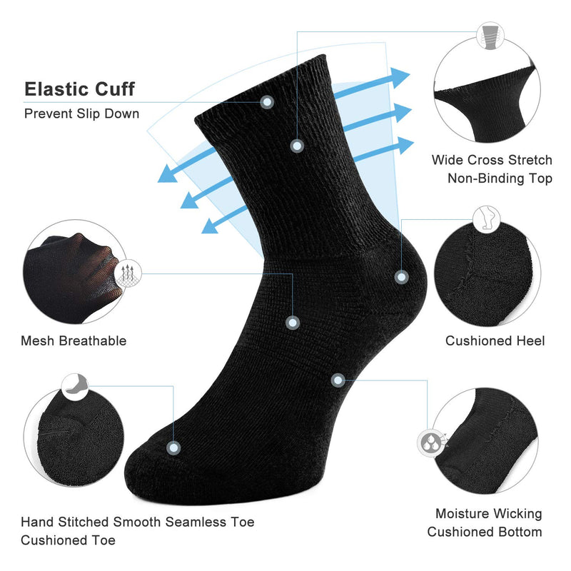 [Australia] - Busy Socks 4 Pack Non-binding Diabetic Socks for Men Women, Loose Top Crew Cotton Thick Cushion Socks 4 Pairs Black X-Large-XX-Large 