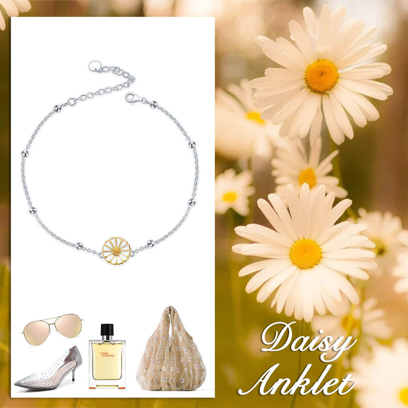 [Australia] - POPLYKE Sunflower/Daisy Flower Anklet for Women Sterling Silver Flower Adjustable Chain Foot Anklet Gifts for Girlfriend Daughter white and yellow 