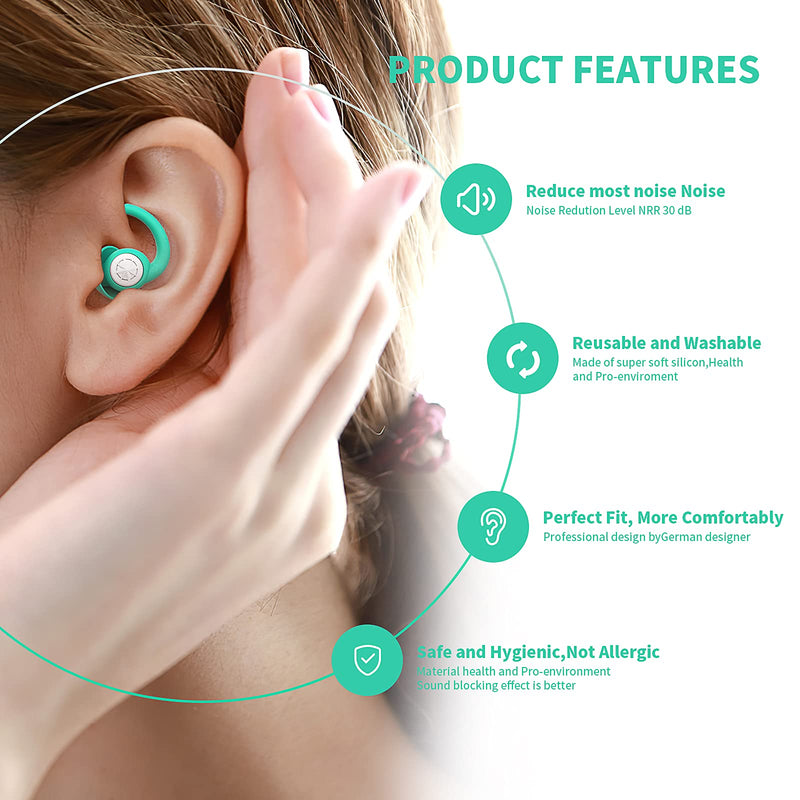 [Australia] - Noise Reduction Earplugs, 2 Pair Sound Blocking Earplugs for Protecting Hearing, Silicone Noise Cancelling Earplugs Suitable for Comfortable Sleep Concert Work Swim&Airplane Travel Light Green 