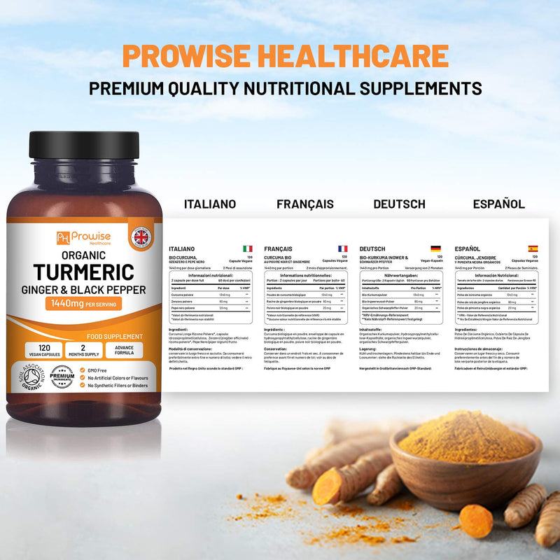 [Australia] - Organic Turmeric Capsules High Strength 1440mg | 120 Capsules with Black Pepper, Ginger & Active Ingredient Curcumin (2 Month Supply) | Turmeric Capsules High Strength Made In UK by Prowise Healthcare 