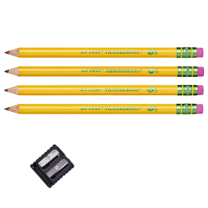 [Australia] - TICONDEROGA My First Pencils, Wood-Cased #2 HB Soft, Pre-Sharpened with Eraser, Includes Bonus Sharpener, Yellow, 4-Pack (33309) 4 Count w/ Sharpener 