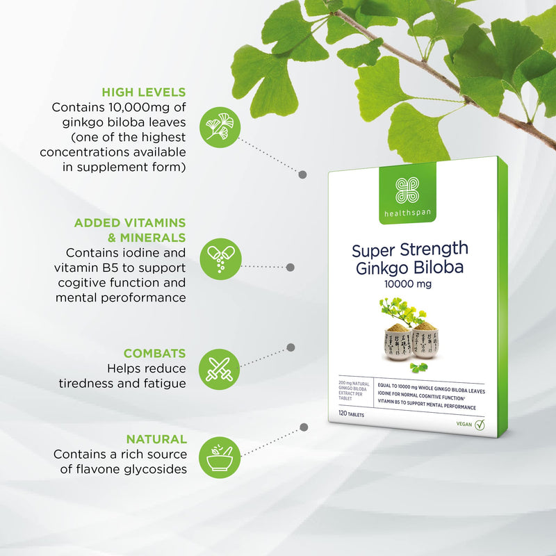 [Australia] - Healthspan Ginkgo Biloba 10,000 (120 Tablets) | Maximum Strength Ginkgo Extract | for Cognitive & Mental Function | Added Iodine & Vitamin B5 | Supports Energy | Vegan 