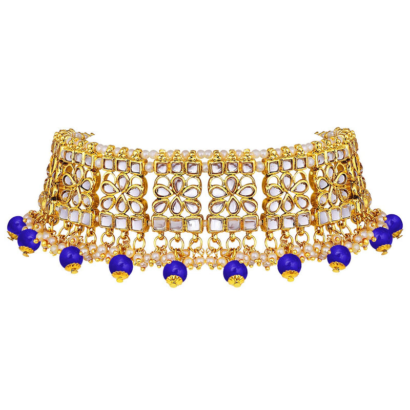 [Australia] - Aheli Elegant Indian Wedding Wear Faux Kundan Studded Choker Necklace with Maang Tikka Set Ethnic Fashion Jewelry for Women Blue 