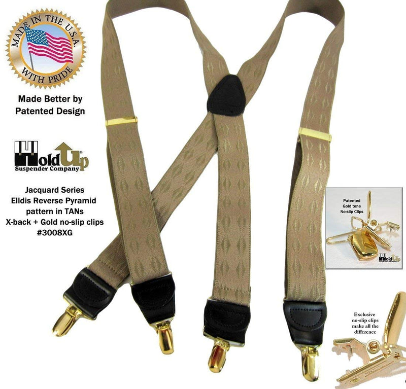 [Australia] - Holdup Brand Tan Jacquard weave Elddis diamond pattern X-back Suspenders with No-slip Gold-tone Clips. 