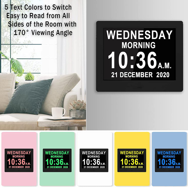 [Australia] - [2022 Newest] 12 Alarms Dementia Clock 8 Inch Large with Remote Control, 5 Levels Auto Dimmable, Non-Abbreviated Date and Day Clock with Calendar for Alzheimers Seniors with Digital Frame Feature Black 