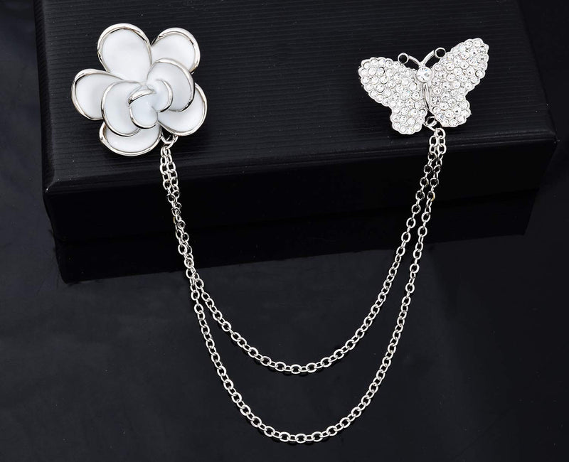 [Australia] - YYBONNIE Women's Elegant Austrian Crystal Butterfly Camellia Flower Brooch Pin with Hanging Chain Tassel Women Collar Pin Silver Flower Butterfly 