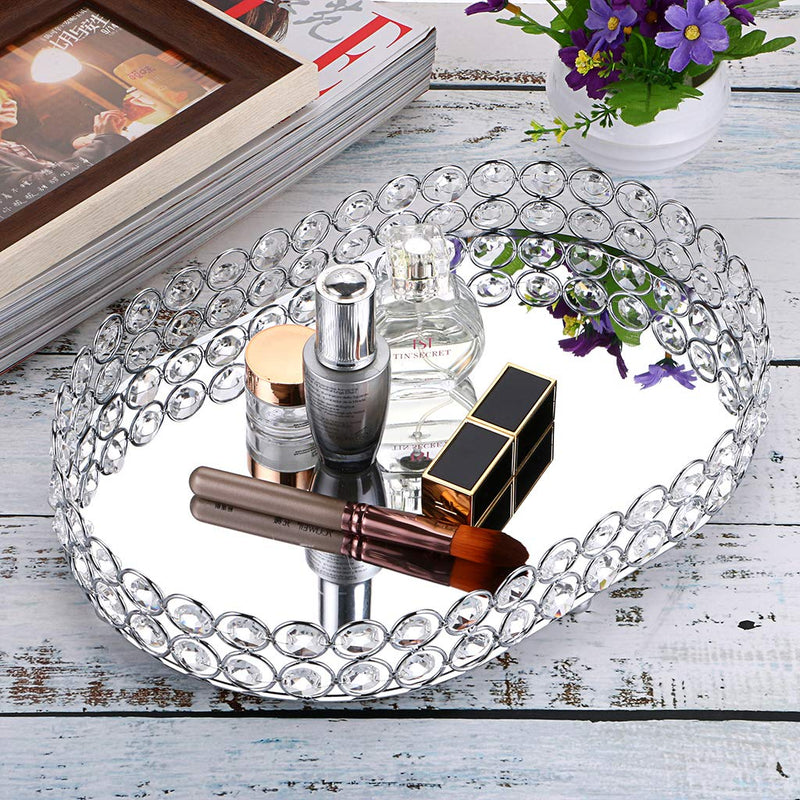 [Australia] - Hipiwe Mirrored Crystal Vanity Makeup Tray, Ornate Jewelry Trinket Decorative Tray Cosmetic Perfume Display Organizer Tray,Home Decor Tray for Dresser/Bathroom (Ellipse) Silver 